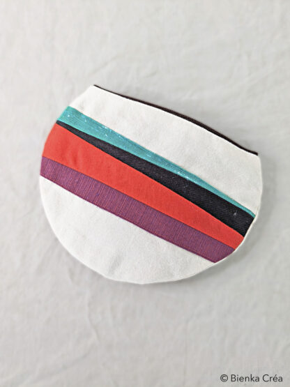 Pochette trousse demi-lune écrue, rouge et mauve