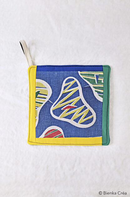 Manique bleue à motifs multicolores