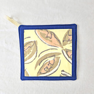 Manique jaune à motifs marron et rose