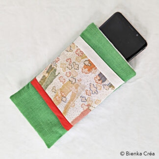 Étui-pochette doublé vert et orangé à motifs